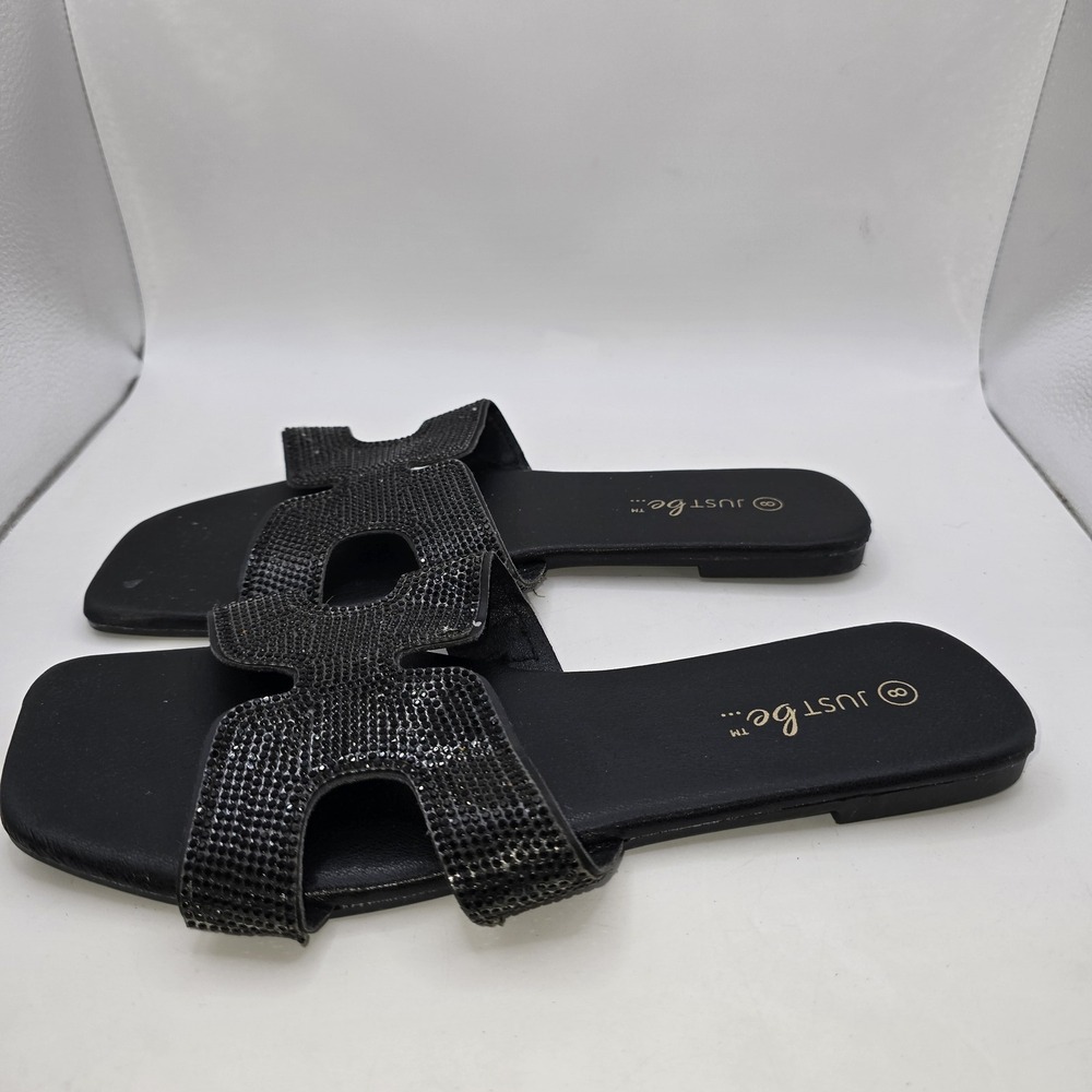 JUST be... Women's Black Rhinestone H-Strap Flat Slide Sandals US Size 8